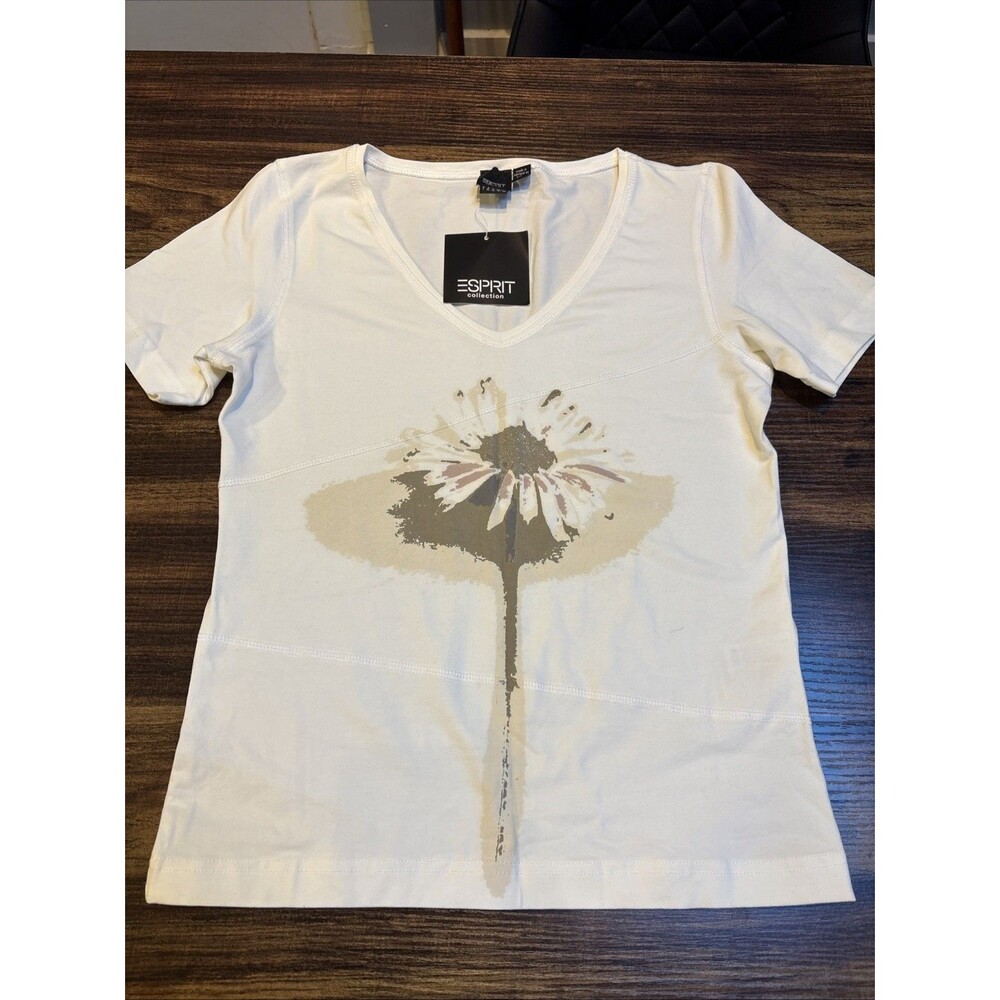 VTG Esprit Ivory V-Neck Short Sleeve Baby Tee Glitter Flower Juniors Large NWT